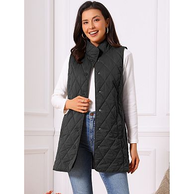 Women's Stand Collar Sleeveless Button Front Lightweight Quilted Longline Vest Jackets