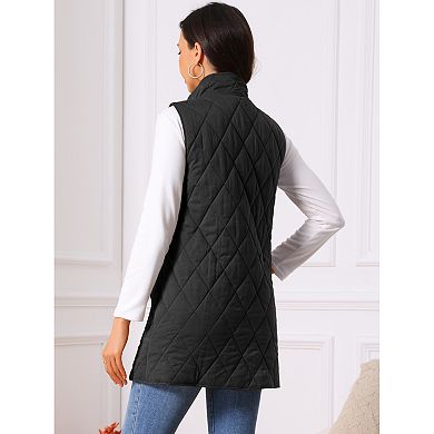 Women's Stand Collar Sleeveless Button Front Lightweight Quilted Longline Vest Jackets