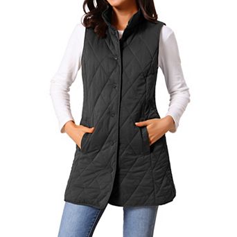 Women's Stand Collar Sleeveless Button Front Lightweight Quilted Longline Vest Jackets