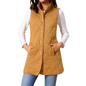 Women's Stand Collar Sleeveless Button Front Lightweight Quilted Longline Vest Jackets