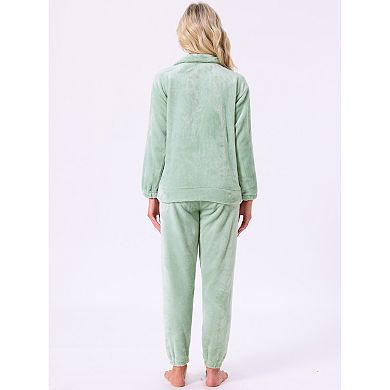Women's Pajama Set Fleece Long Sleeve Fluffy Loose Plush Pants with Pockets Warm Winter Sleepwear