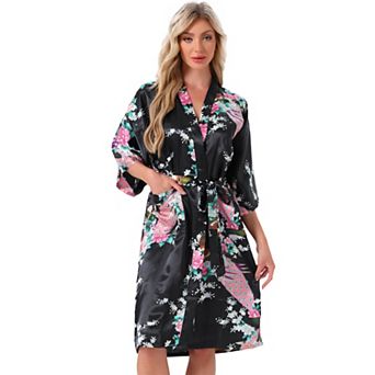 Women's Satin Robes Floral V-Neck 3/4 Sleeve Bride Bridesmaids Nightgown Peacock Print Bathrobe