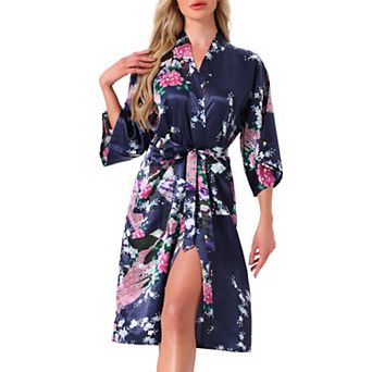 Women's Satin Robes Floral V-Neck 3/4 Sleeve Bride Bridesmaids Nightgown Peacock Print Bathrobe