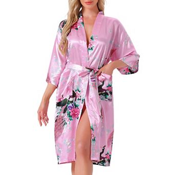 Women's Satin Robes Floral V-Neck 3/4 Sleeve Bride Bridesmaids Nightgown Peacock Print Bathrobe