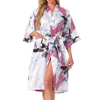 Women's Satin Robes Floral V-Neck 3/4 Sleeve Bride Bridesmaids Nightgown Peacock Print Bathrobe