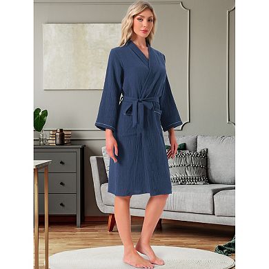 Women's Cotton Robe Long Sleeve V-Neck Loungewear Soft Lightweight Spa Long Bathrobe with Pockets