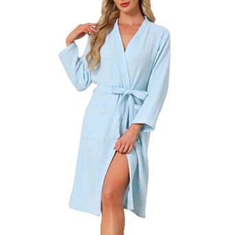 Women's Cotton Robe Long Sleeve V-Neck Loungewear Soft Lightweight Spa Long Bathrobe with Pockets
