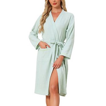 Women's Cotton Robe Long Sleeve V-Neck Loungewear Soft Lightweight Spa Long Bathrobe with Pockets