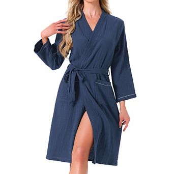 Women's Cotton Robe Long Sleeve V-Neck Loungewear Soft Lightweight Spa Long Bathrobe with Pockets