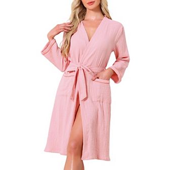 Women's Cotton Robe Long Sleeve V-Neck Loungewear Soft Lightweight Spa Long Bathrobe with Pockets
