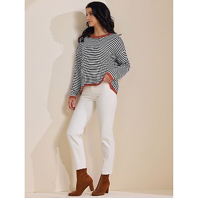 Women's Striped Sweater Casual Curved Hem Drop Shoulder Sweaters Pullover Top