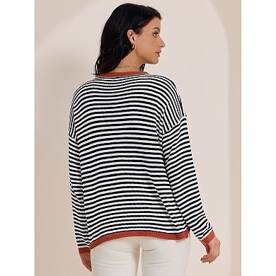 Women's Striped Sweater Casual Curved Hem Drop Shoulder Sweaters Pullover Top