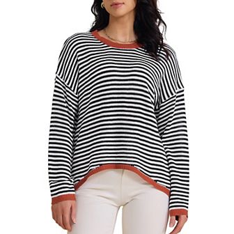 Women's Striped Sweater Casual Curved Hem Drop Shoulder Sweaters Pullover Top