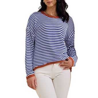 Women's Striped Sweater Casual Curved Hem Drop Shoulder Sweaters Pullover Top