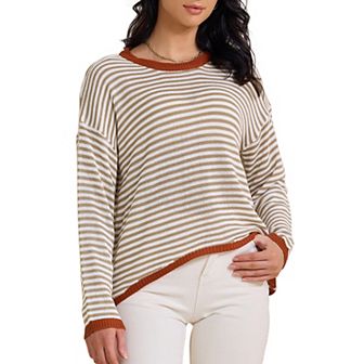 Women's Striped Sweater Casual Curved Hem Drop Shoulder Sweaters Pullover Top
