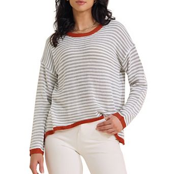 Women's Striped Sweater Casual Curved Hem Drop Shoulder Sweaters Pullover Top