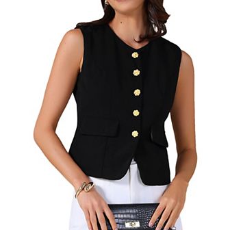 Women's Round Neck Suit Vest Sleeveless Floral Button Business Casual Jacket