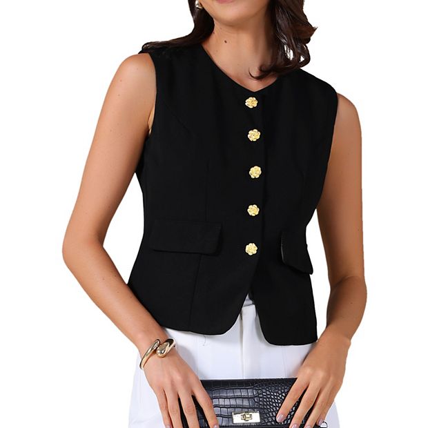 Women's Round Neck Suit Vest Sleeveless Floral Button Business Casual Jacket