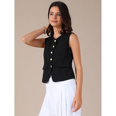 Women's Round Neck Suit Vest Sleeveless Floral Button Business Casual Jacket