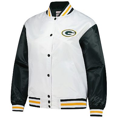 Women's Mitchell & Ness White Green Bay Packers Plus Size Full-Snap Satin Jacket