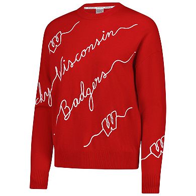 Women's Red Wisconsin Badgers Love Note Embroidered Pullover Sweater