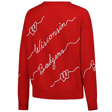 Women's Red Wisconsin Badgers Love Note Embroidered Pullover Sweater