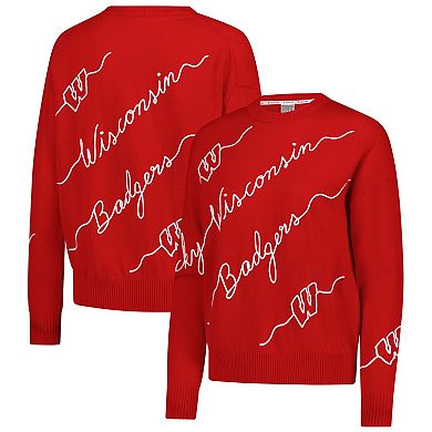 Women's Red Wisconsin Badgers Love Note Embroidered Pullover Sweater
