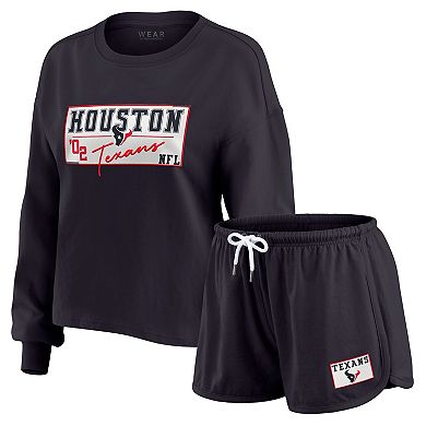 Women's WEAR by Erin Andrews Navy Houston Texans Heavy Rugby Jersey Long Sleeve T-Shirt & Shorts Lounge Set