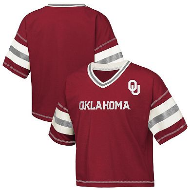Girls Youth Outerstuff Crimson Oklahoma Sooners Gridiron Jersey V-Neck T-Shirt