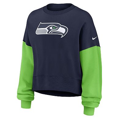 Women's Nike College Navy Seattle Seahawks Oversized Color-Block Pullover Sweatshirt