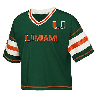 Girls Youth Outerstuff Green Miami Hurricanes Gridiron Jersey V-Neck T-Shirt