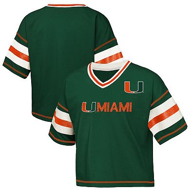 Girls Youth Outerstuff Green Miami Hurricanes Gridiron Jersey V-Neck T-Shirt