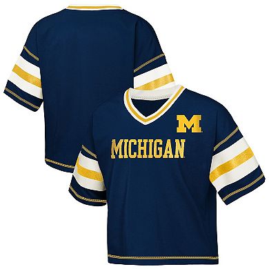 Girls Youth Outerstuff Navy Michigan Wolverines Gridiron Jersey V-Neck T-Shirt