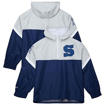 Men's Mitchell & Ness Gray/Navy Penn State Nittany Lions Tie Breaker Logo Vintage Lightweight Anorak Half-Zip Windbreaker