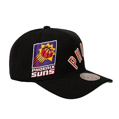 Men's Mitchell & Ness Black Phoenix Suns Busted Logo Wordmark Wrap-Around Pro Pinch Adjustable Hat