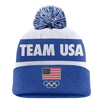 Youth Nike Royal Team USA Peak Cuffed Knit Hat with Pom