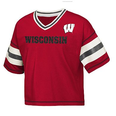 Girls Youth Red Wisconsin Badgers Grid Iron V-Neck T-Shirt