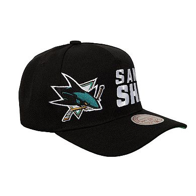 Men's Mitchell & Ness Black San Jose Sharks Busted Logo Wordmark Wrap-Around Pro Pinch Adjustable Hat