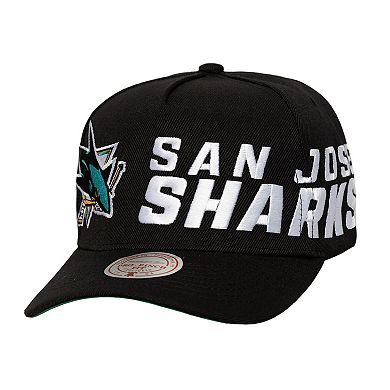 Men's Mitchell & Ness Black San Jose Sharks Busted Logo Wordmark Wrap-Around Pro Pinch Adjustable Hat