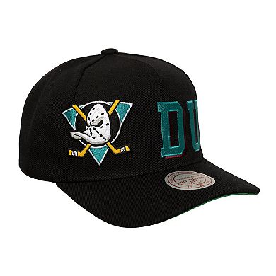 Men's Mitchell & Ness Black Anaheim Ducks Busted Logo Wordmark Wrap-Around Pro Pinch Adjustable Hat