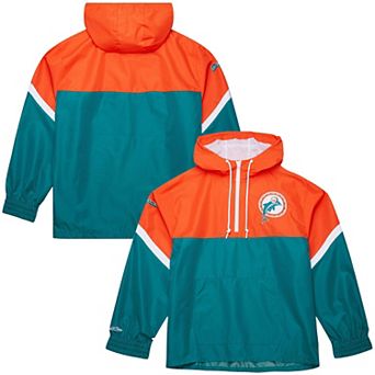 Men's Mitchell & Ness Orange/Aqua Miami Dolphins Tie Breaker Vintage Logo Lightweight Anorak Half-Zip Windbreaker