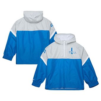 Men's Mitchell & Ness Silver/Blue Detroit Lions Tie Breaker Vintage Logo Lightweight Anorak Half-Zip Windbreaker