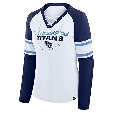 Women's Fanatics White/Navy Tennessee Titans Redzone Blitz Package Raglan Lace-Up V-Neck Long Sleeve T-Shirt