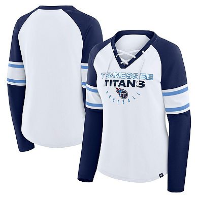 Women's Fanatics White/Navy Tennessee Titans Redzone Blitz Package Raglan Lace-Up V-Neck Long Sleeve T-Shirt