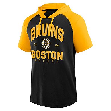 Men's Logo Athletic Black Boston Bruins Prime Raglan Short Sleeve Pullover Hoodie