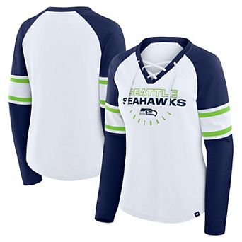 Women's Fanatics White/College Navy Seattle Seahawks Redzone Blitz Package Raglan Lace-Up V-Neck Long Sleeve T-Shirt