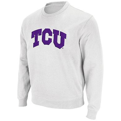 Men's Colosseum White TCU Horned Frogs Arch & Logo Tackle Twill Sweatshirt
