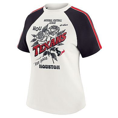 Women's WEAR by Erin Andrews White Houston Texans Sleeve Stripe Distressed Raglan T-Shirt