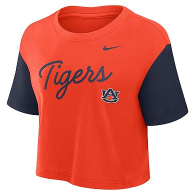 Women's Nike Orange/Navy Auburn Tigers Color-Block Script Dri-FIT Cropped T-Shirt