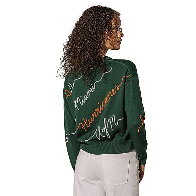 Women's Green Miami Hurricanes Love Note Embroidered Pullover Sweater